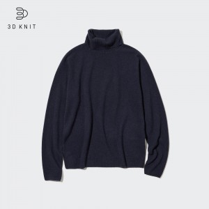 Uniqlo 100pct Cashmere 3d Knit Seamless Turtleneck Jumper Pullover Damen Navy | 68547GTAX