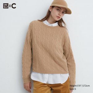 Uniqlo 100pct Cashmere Cable Knit Crew Neck Cropped Jumper Pullover Damen Beige | 42397NXBQ