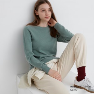 Uniqlo 100pct Cashmere Crew Neck Jumper Pullover Damen Grün | 48725LYPQ