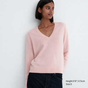 Uniqlo 100pct Cashmere V Neck Jumper Pullover Damen Rosa | 75681RMBP