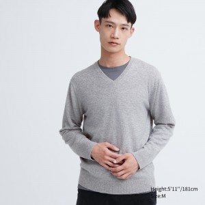 Uniqlo 100pct Cashmere V Neck Jumper Pullover Herren Grau | 56190PJFR