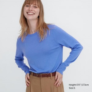 Uniqlo 100pct Extra Fine Merino Crew Neck Jumper Pullover Damen Blau | 70584GCTD