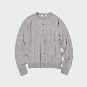 Uniqlo 100pct Extra Fine Merino Crew Neck Cardigan Pullover Damen Grau | 57618ZFKQ