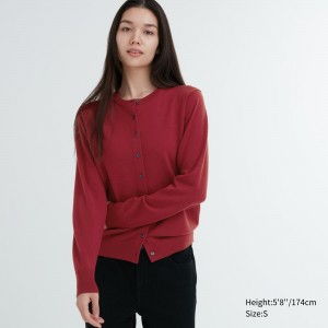 Uniqlo 100pct Extra Fine Merino Crew Neck Cardigan Pullover Damen Rot | 48907ZTSL