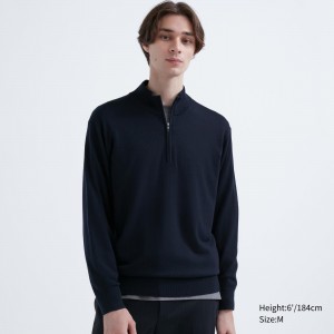 Uniqlo 100pct Extra Fine Merino Half Zipped Jumper Pullover Herren Navy | 37894GBOU