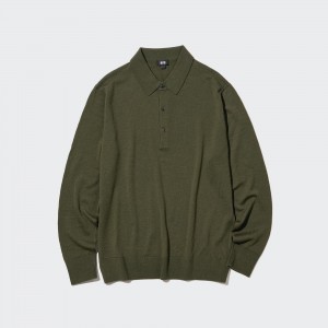 Uniqlo 100pct Extra Fine Merino Knitted Long Sleeved Polo Shirt Poloshirt Herren Olivgrün | 60837WHEZ