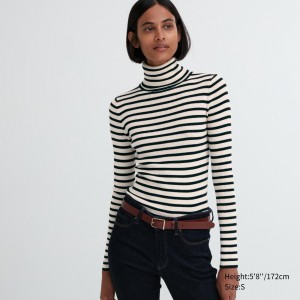 Uniqlo 100pct Extra Fine Merino Ribbed Striped Turtleneck Jumper Pullover Damen Weiß | 50981OCKY