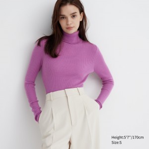 Uniqlo 100pct Extra Fine Merino Ribbed Turtleneck Jumper Pullover Damen Lila | 02457KTVG