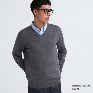 Uniqlo 100pct Extra Fine Merino V Neck Jumper Pullover Herren Grau | 85134KEIV