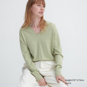 Uniqlo 100pct Extra Fine Merino V Neck Jumper Pullover Damen Grün | 12576BYHJ