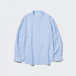 Uniqlo 100pct Premium Linen Regular FiT-Shirt Grandad Collar Hemd Herren Blau | 27846DGFS