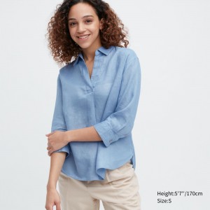 Uniqlo 100pct Premium Linen Skipper Collar 34 Sleeved Shirt Bluse Damen Blau | 23056IGRN