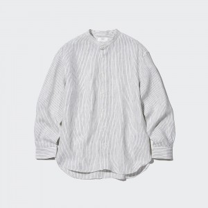 Uniqlo 100pct Premium Linen Striped Regular FiT-Shirt Grandad Collar Hemd Herren Blau | 09742LGIK