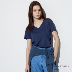 Uniqlo 100pct Supima Cotton V Neck Short Sleeved T-Shirt T-shirts Damen Blau | 84591ZRKY