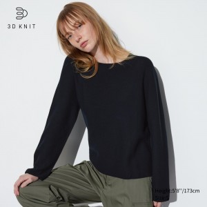 Uniqlo 3d Knit Seamless Cotton Crew Neck Jumper Pullover Damen Schwarz | 92460ORSY