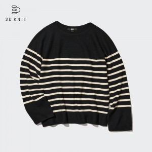 Uniqlo 3d Knit Seamless Cotton Striped Crew Neck Jumper Pullover Damen Schwarz | 81964CNAU