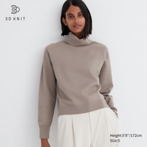 Uniqlo 3d Knit Seamless Souffle Yarn Turtleneck Jumper Pullover Damen Beige | 70158HUKW