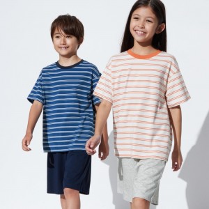 Uniqlo Airism Cotton Blend Striped Lounge Set Loungewear Kinder Navy | 90531TEBC