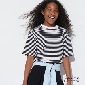 Uniqlo Airism Cotton Striped Crew Neck T-Shirt T-shirts Kinder Schwarz | 58260GTHY