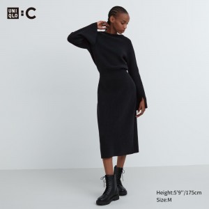 Uniqlo Boat Neck Long Sleeved Knitted Dress Kleid Damen Schwarz | 06924AXFD