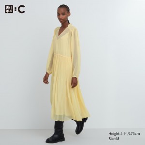Uniqlo Chiffon Pleated Long Sleeved Dress Kleid Damen Gelb | 39728XZQF