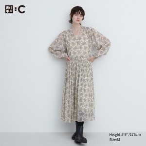 Uniqlo Chiffon Pleated Printed Long Sleeved Dress Kleid Damen Weiß | 97605GHFK