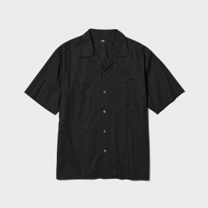 Uniqlo Cotton Blend Casual Short Sleeved Shirt Open Collar Hemd Herren Schwarz | 93862HLDK