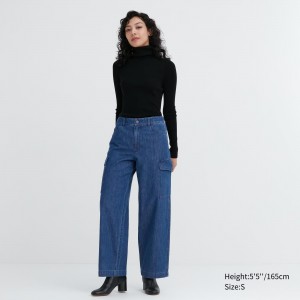 Uniqlo Denim Wide Leg Cargo Trousers Jeans Damen Blau | 09465GMVS