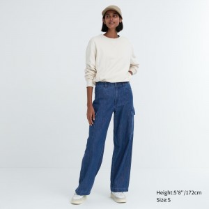Uniqlo Denim Wide Straight Leg Cargo Trousers Long Jeans Damen Blau | 96871VTKQ