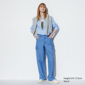 Uniqlo Denim Wide Straight Leg Cargo Trousers Long Oberteile Damen Blau | 69827OFZK