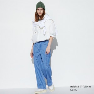 Uniqlo Denim Wide Straight Leg Cargo Trousers Jeans Damen Blau | 19340ZGWM
