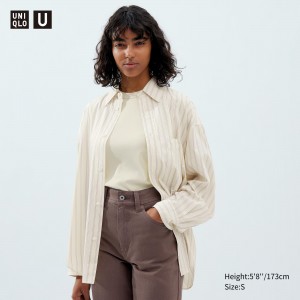 Uniqlo Drape Striped Long Sleeved Shirt Bluse Damen Beige | 72639QEPO
