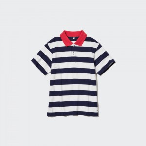 Uniqlo Dry Pique Striped Short Sleeved Polo Shirt T-shirts Kinder Navy | 95286MYRQ
