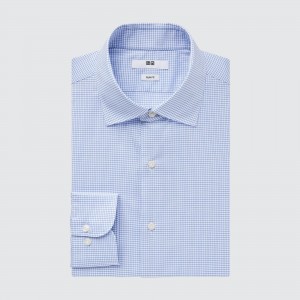 Uniqlo Easy Care Stretch Slim Fit Checked Shirt Semi Cutaway Collar Hemd Herren Blau | 83592LEVA