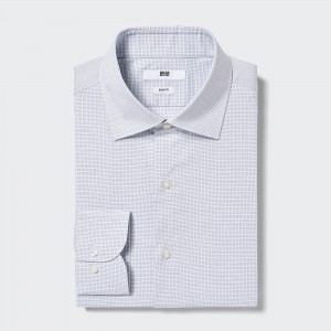 Uniqlo Easy Care Stretch Slim Fit Checked Shirt Semi Cutaway Collar Hemd Herren Blau | 69815UQJL