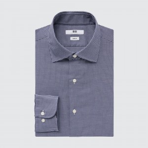 Uniqlo Easy Care Stretch Slim Fit Checked Shirt Semi Cutaway Collar Hemd Herren Navy | 34062BEYG
