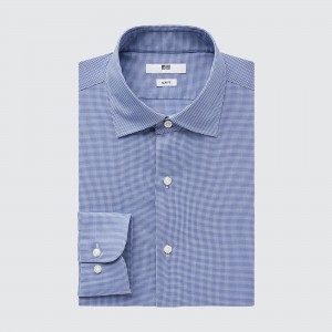 Uniqlo Easy Care Stretch Slim Fit Checked Shirt Semi Cutaway Collar Hemd Herren Blau | 26594RQEO