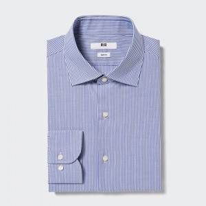 Uniqlo Easy Care Stretch Slim Fit Striped Shirt Semi Cutaway Collar Hemd Herren Blau | 63298CINH