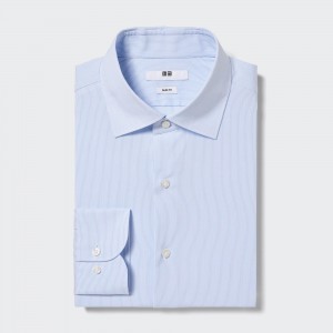 Uniqlo Easy Care Stretch Slim Fit Striped Shirt Semi Cutaway Collar Hemd Herren Blau | 15867ZRHI