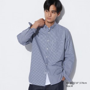 Uniqlo Extra Fine Cotton Broadcloth Regular Fit Checked Shirt Button Down Collar Hemd Herren Blau | 08315JPLR