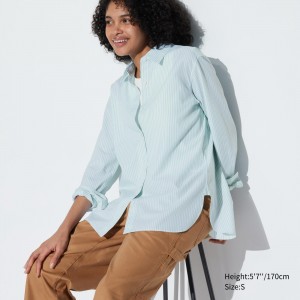 Uniqlo Extra Fine Cotton Striped Long Sleeved Shirt Bluse Damen Grün | 31047QRCZ