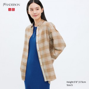 Uniqlo Flannel Checked Longline Shirt Bluse Damen Beige | 69801AMGO