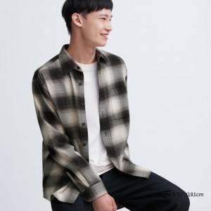 Uniqlo Flannel Checked Regular FiT-Shirt Regular Collar Hemd Herren Schwarz | 09674BSLI