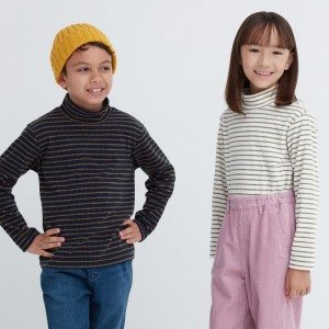 Uniqlo Fleece Ribbed Striped High Neck Long Sleeved T-Shirt T-shirts Kinder Navy | 17965RHTN