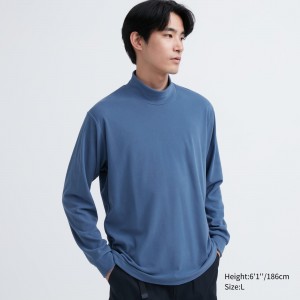 Uniqlo Fleece Stretch Mock Neck Long Sleeved T-Shirt T-shirts Herren Blau | 86350FHVX