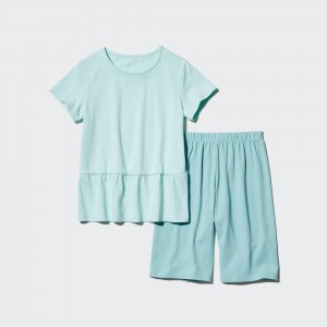 Uniqlo Girls Airism Cotton Blend Short Sleeved Set Loungewear Kinder Hellgrün | 76458OJAK