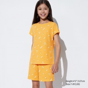 Uniqlo Girls Airism Cotton Blend Striped Short Sleeved Set Loungewear Kinder Gelb | 72361SZBU