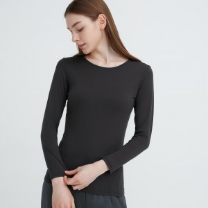 Uniqlo Heattech Crew Neck Long Sleeved Thermal Top T-shirts Damen Dunkelgrau | 13702FUWX