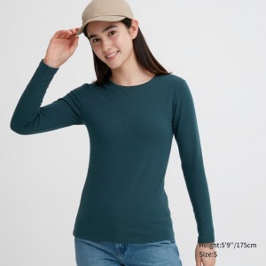 Uniqlo Heattech Extra Warm Cotton Crew Neck Long Sleeved Thermal Top T-shirts Damen Dunkelgrün | 60475BDNV