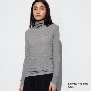 Uniqlo Heattech Extra Warm Seamless Ribbed Striped Turtleneck Long Sleeved Thermal Top T-shirts Damen Weiß | 83276JWZR